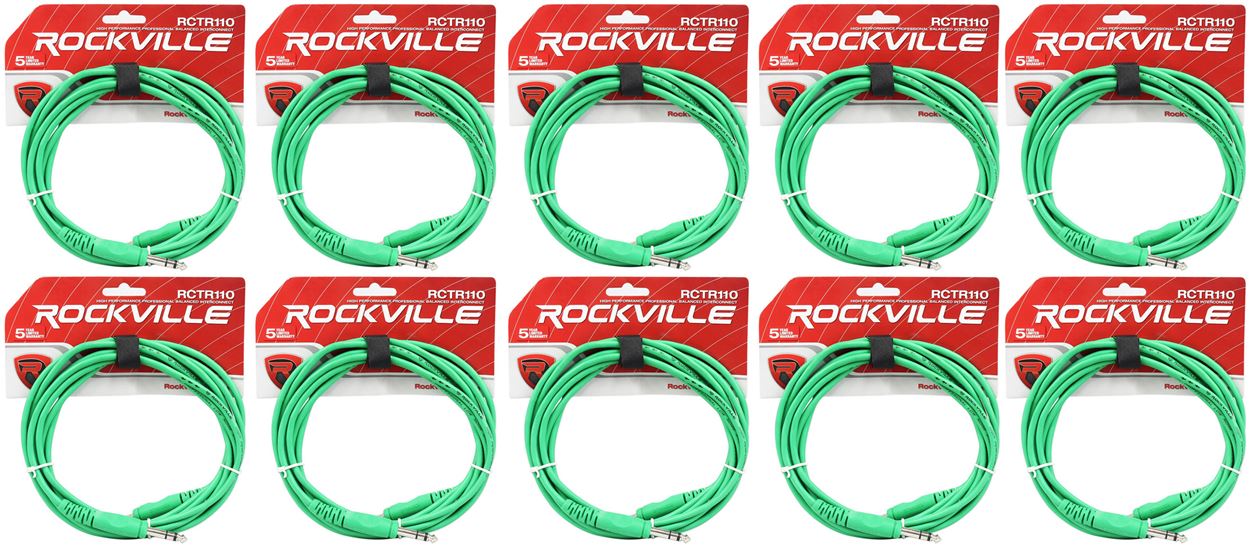 10 Rockville RCTR110G Green 10' 1/4'' TRS to 1/4'' TRS  Cable 100% Copper