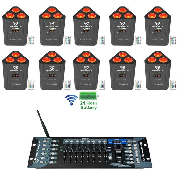 (10) Rockville RockWedge LED Battery Powered Par Lights+Wireless DMX Controller