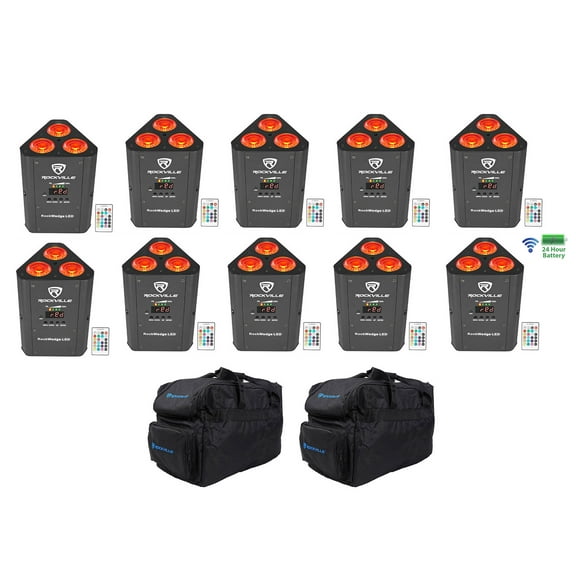 10 Rockville RockWedge LED RGBWA+UV Rechargeable Battery Wireless DMX Lights+Bag
