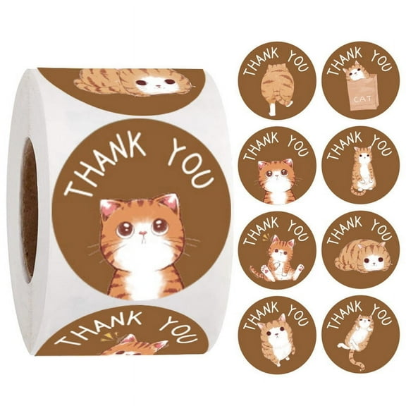 10 Roll Thank You Stickers Roll Adhesive Paper Tape Round Stickers Diary Envelope & Notebooks Cat Pattern 1 inch(25mm) 500pcs/roll