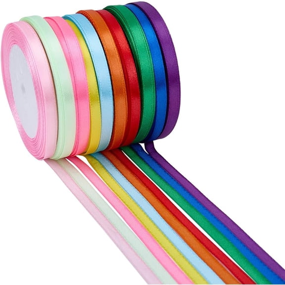 10 Rolls 10 Colors 0.25 Inch Rainbow Color Curling Ribbon Double Face Solid Satin Fabric Ribbons Roll