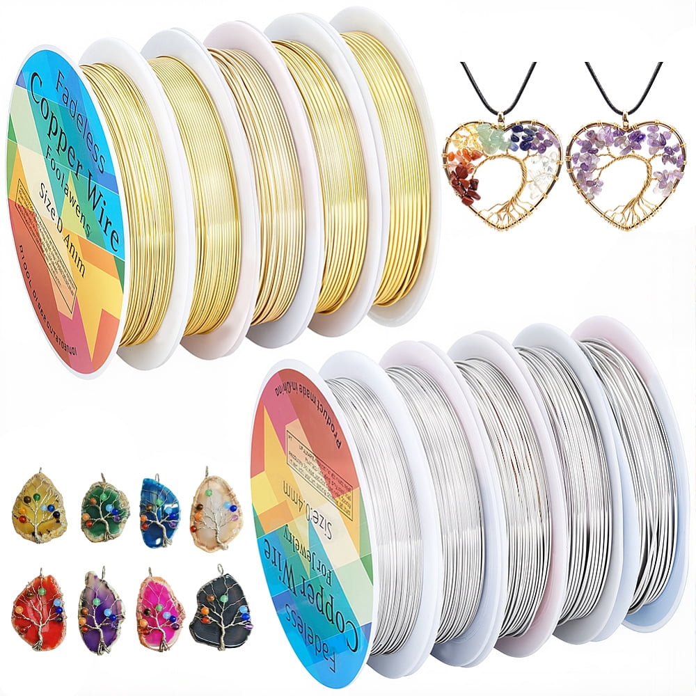 10 Rolls 10 Styles Round Copper Jewelry Wire Long-Lasting Plated Mixed Color 0.4~1mm 1 roll/style