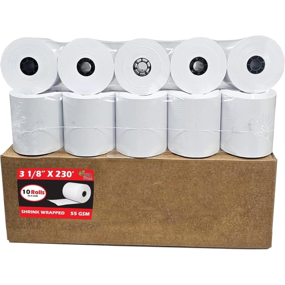 (10 Rolls) 3 1/8 x 230 Thermal Paper Receipt Rolls (55 GSM - 80mm x 70m) Fits All POS Cash Registers -T88III, -T88IV, -T88V, TSP100, CT-S300, CT-S2000, BPA Free from