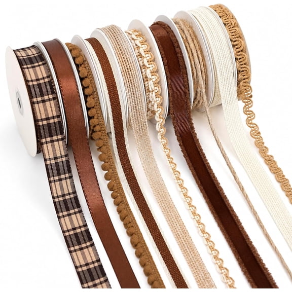10 Rolls 40 Yards Natural Brown Ribbons for Crafts, Assorted Fabric Ribbon for Gift Wrapping, Sewing, Home Decor, Rustic Fall Ribbons Variety Pack with Burlap, Plaid, Lace, Trim for DIY Projects