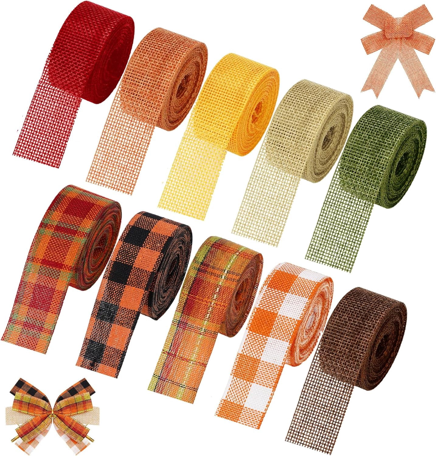 Fall Ribbon Bow 10 Rolls 50 Yard Fall Plaid Burlap Ribbon 1 Inch Decorative Wrapping ...