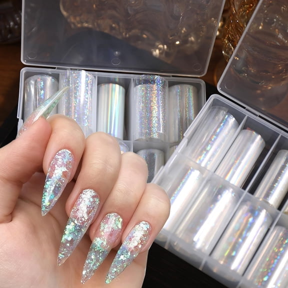 10 Rolls Aurora Nail Foil for Nail Art Laser Starry Sky Nail Stickers 3D Colorful Clear Transfer Broken Glass Design Transparent Holographic Nail Art Foil Stickers for Women DIY Shiny Manicure
