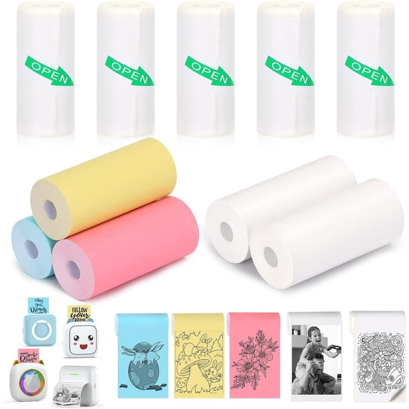 10 Rolls Mini Printer Paper - 5 Thermal Sticky & 5 Plain, 57X25mm for Inkless Printer, Notes, Journal, Memo, Photo, Study