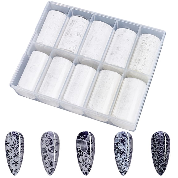 10 Rolls PET Lace Flower Nail Foils Floral Transfer Paper Nail Art Decals Stickers White 1017x40x0.1mm