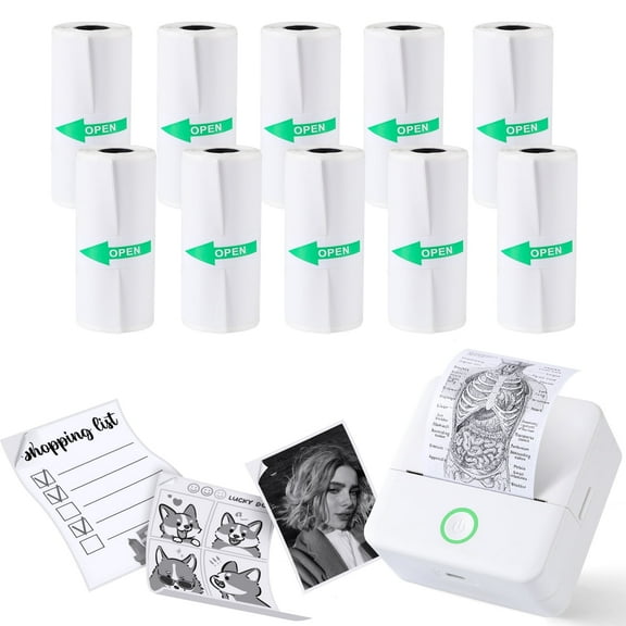 10 Rolls Print Pods Paper, 57x25mm Inkless Self-Adhesive Printable Stickers, Compatible with Mini Printer, White