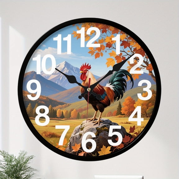 10" Rooster in Autumn Wooden Wall Clock - Silent Round Decorative Clock with Vibrant Fall Landscape Design, Perfect for Home Decor & Holiday Gift Giving (AA Battery Not Included), Home Decor Clock