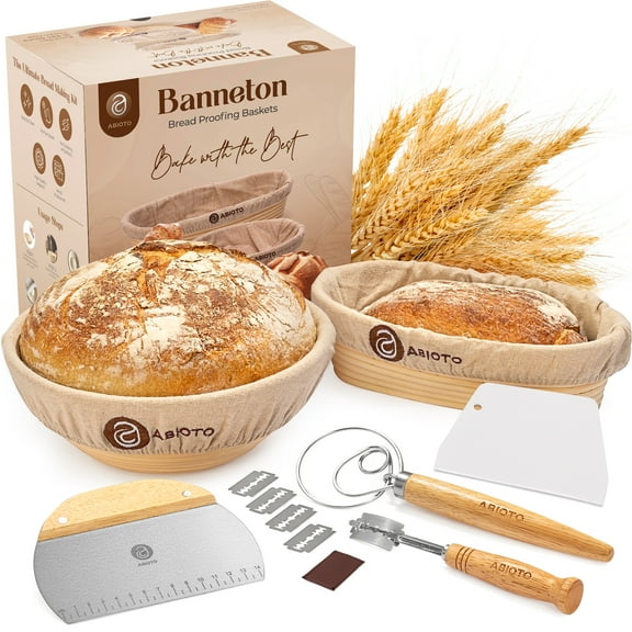 10" Round and 11" Oval Banneton Bread Proofing Baskets & Sourdough Bread Baking Supplies, A Complete Sourdough Kit with Bread Lame, Danish Whish, Bowl Scraper, Sourdough Scraper & Linen Liners
