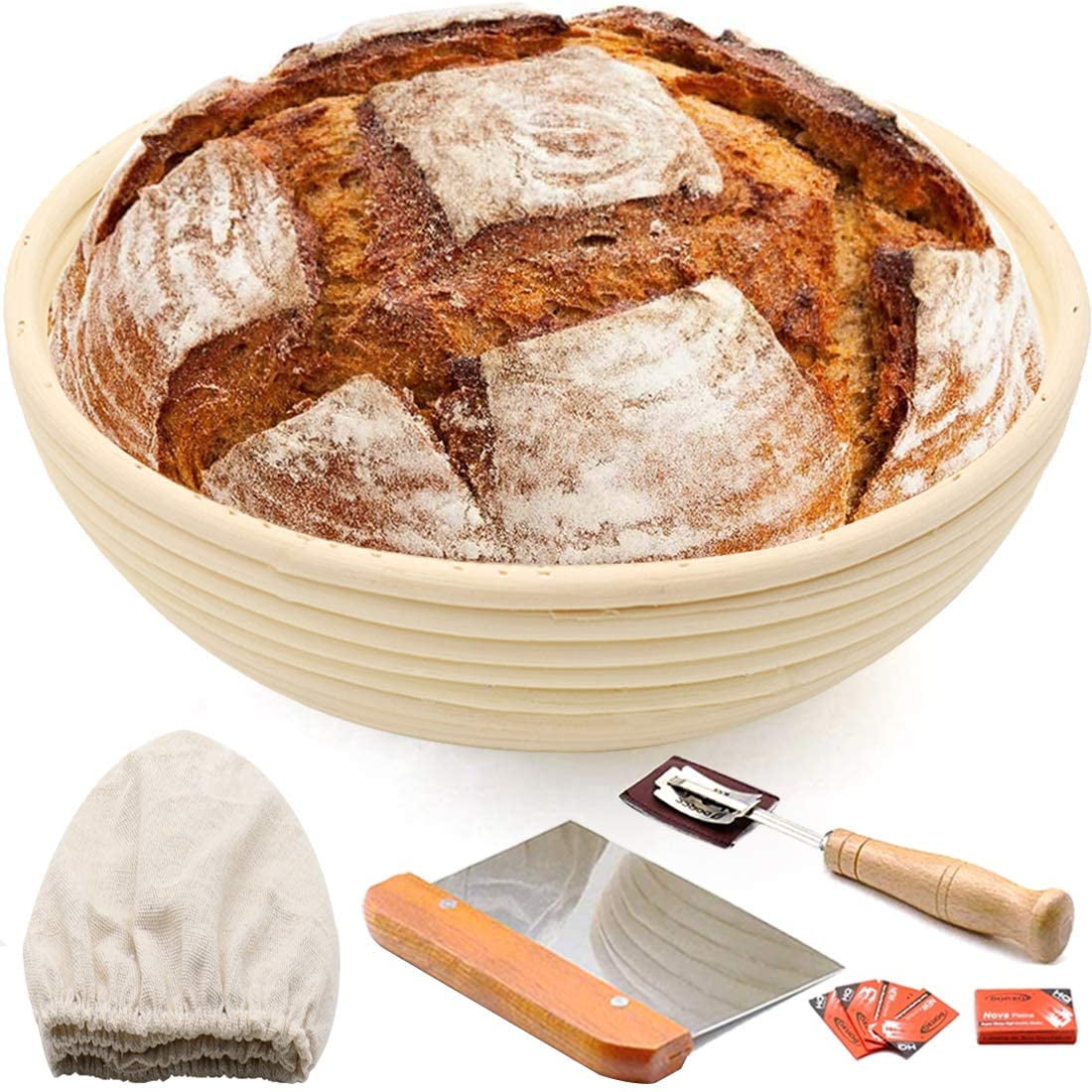 10 Round Bread Banneton Proofing Basket for Sourdough - Natural Rattan Handmade Craftsmanship Bread Making Set with Liner Cloth, Dough Scraper, Scoring Lame and Blades 2.2lb Capacity|The 10 round brea