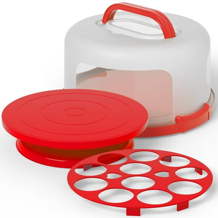 10" Round Cake Container Holder with Cover | Plastic Pie Carrier Cake Storage Container | Bunt Keeper Platter Tray for Transport + Cake Cupcake Carrier with Lid and Handle + Cake Stand Plate with Dome
