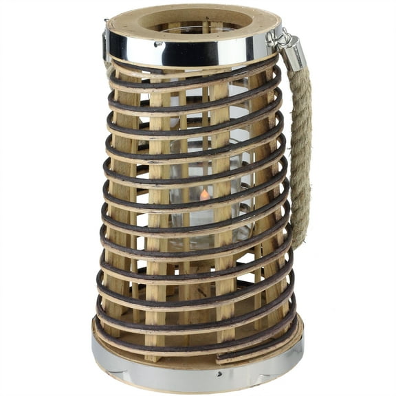 10" Rustic Chic Tapered Cylinderical Rattan Candle Holder Lantern with Jute Handle