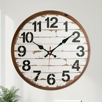 10" Rustic White Washed Wood Wall Clock with Digital Display – Silent Battery-Operated Round Clock for Home, Kitchen, Bathroom, or Poolside Decor (AA Battery Not Included), Bathroom Timepiece