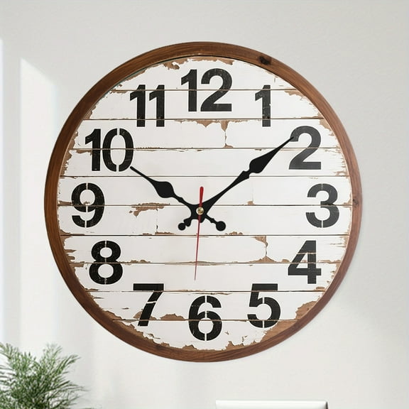 10" Rustic White Washed Wood Wall Clock with Digital Display – Silent Battery-Operated Round Clock for Home, Kitchen, Bathroom, or Poolside Decor (AA Battery Not Included), Bathroom Timepiece