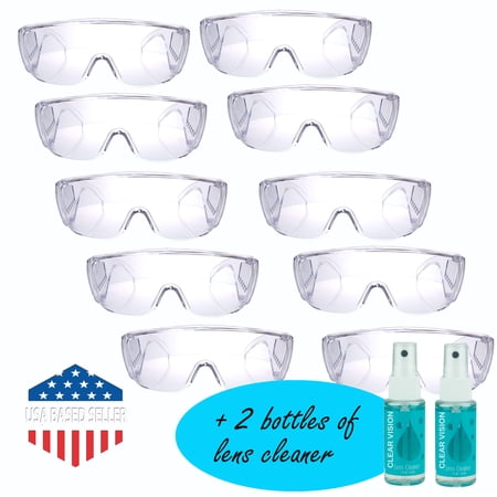 10 Safety Glasses Goggles Protective Eye Protection Chemistry Laboratory Cover Over Splash Resistant Include 1 Lens Cleaning Spray Bottle Ship from Dallas, TX