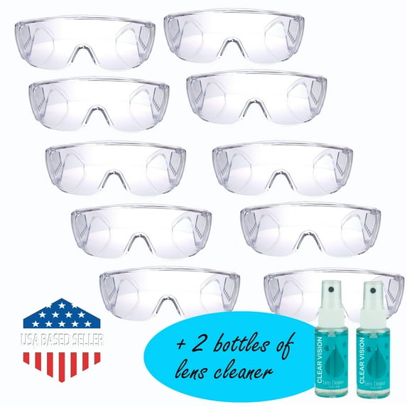 10 Safety Glasses Goggles Protective Eye Protection Chemistry Laboratory Cover Over Splash Resistant Include 1 Lens Cleaning Spray Bottle Ship from Dallas, TX