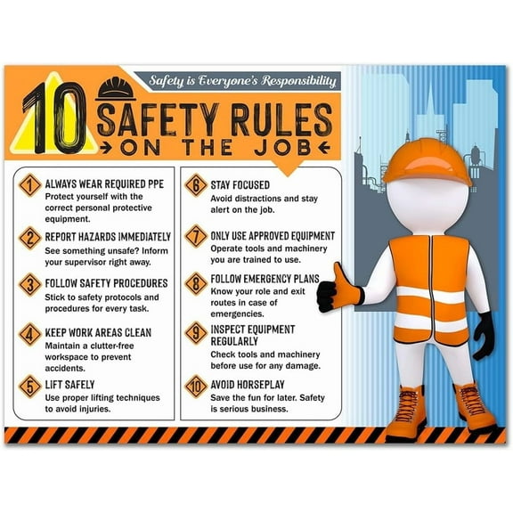 10 Safety Rules on the Job Poster 2025  18x24 Durable Laminated Business Safety First Poster Sign, Tear-Resistant, Waterproof Workplace Safety & Industrial Safety Poster for Construction (Pack of 1)
