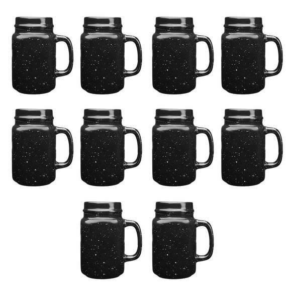 10 Savannah Speckle Ceramic Mason Jars Set, 16 oz.- Stoneware, C-handle, Durable - Black