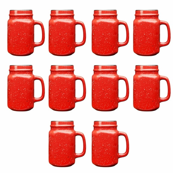 10 Savannah Speckle Ceramic Mason Jars Set, 16 oz.- Stoneware, C-handle, Durable - Red