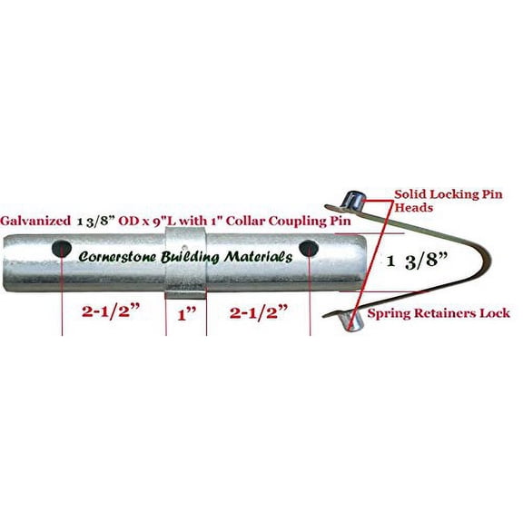 10 Scaffolding Coupling Pin 1-3/8"OD x 9"L with 1" Collar and 10 Spring Retainers Locking Pins Scaffold