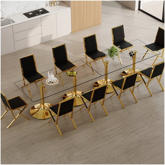 10-Seat Expandable Dining Set: 2 Tempered Glass Tables & Gold Frame Chairs, Modern Kitchen Furniture for Large Families