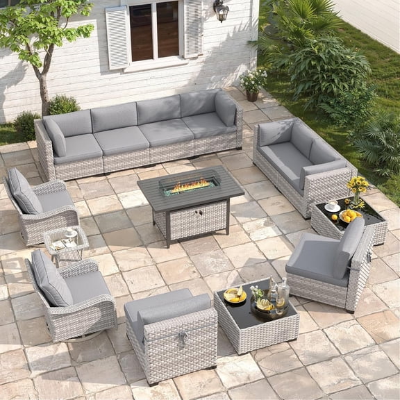 10-Seat Outdoor Wicker Patio Furniture Set with Fire Pit Table, Modular Rattan Sectional Sofa & 2 Swivel Rocking Chairs, 4" Thick Cushions, Rust-Resistant Frame,Grey