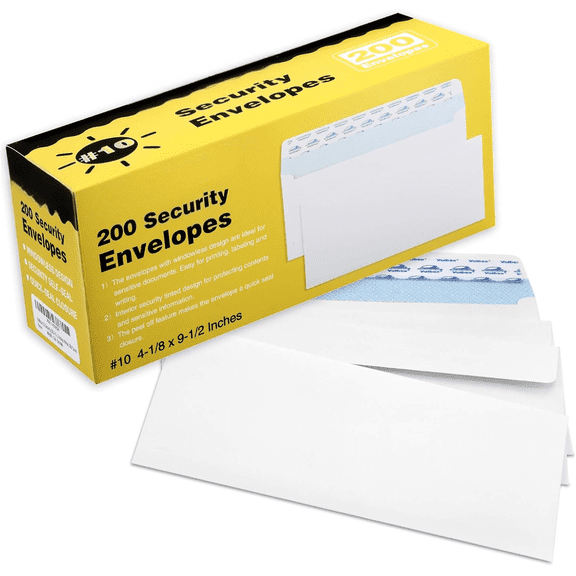 #10 Security Envelopes Self Seal, No. 10 Windowless Security Tint Pattern, Secure Mailing Envelopes, 4-1/8x9-1/2 Inches, 24 LB White Business Envelopes, 200 Count