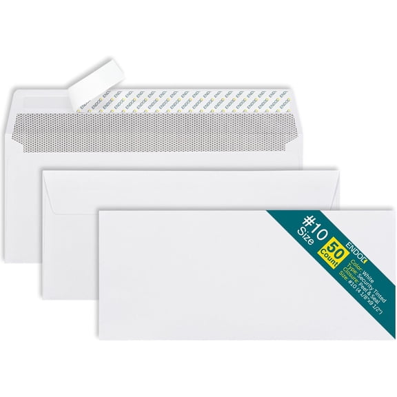 #10 Self Seal Envelopes 4 1/8 x 9 1/2 Inch Letter Size Blank White 24LB Security Tinted Peel and Seal Closure 50 Pack