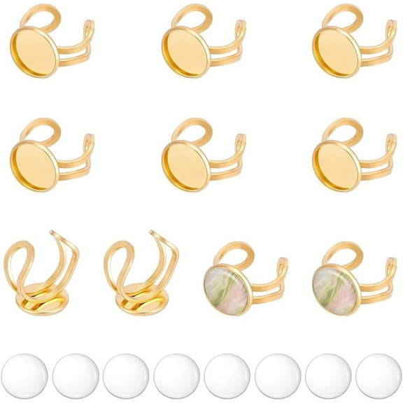 10 Set 20Pcs Real 18K Gold Plated Blank Dome Half Round Ring Cabochons Blank Rings Pad Ring Tray 14mm Base Ring Open Cuff Finger Rings with Glass Cabochon Base Bezel Making Real 18K Gold Plated