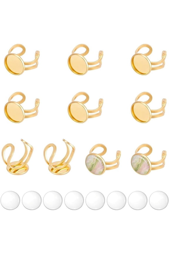 10 Set 20Pcs Real 18K Gold Plated Blank Dome Half Round Ring Cabochons Blank Rings Pad Ring Tray 14mm Base Ring Open Cuff Finger Rings with Glass Cabochon Base Bezel for Jewelry Making
