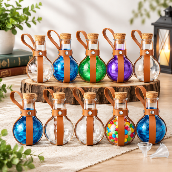 10 Set 3oz Plastic Potion Bottles with Medieval Leather Cases and Corks for Themed Events