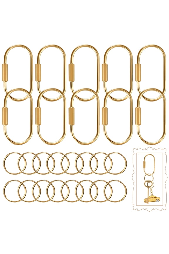 10 Set Brass Key Rings with Secure Screw Lock - Gold Carabiner Keychain Organizer for Men Women | Purse Handbag Charms, Dog Leash & Pet Tag Holder