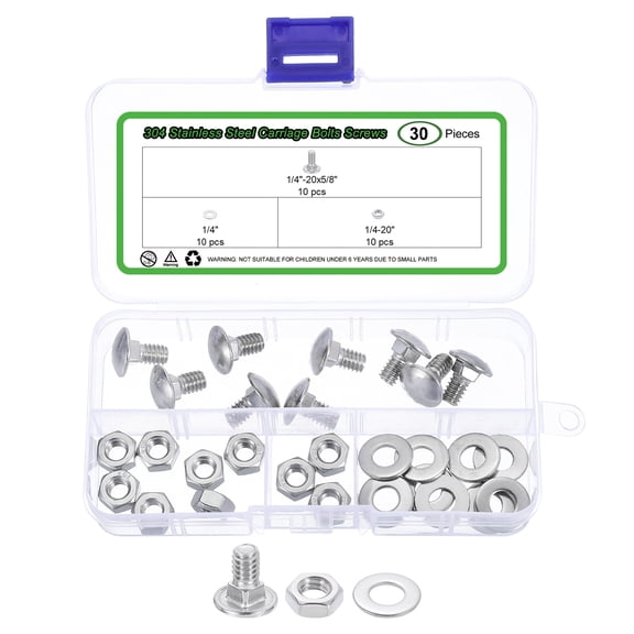 10 Set Carriage Bolts and Nuts Kit, 1/4"-20x1/2" Stainless Steel 304 Round Head Square Neck Carriage Bolts Screws and Hex Nuts and Flat Washers - Silver