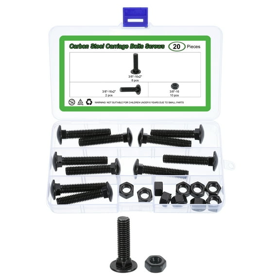 10 Set Carriage Bolts and Nuts Kit, 3/8"-16x2" Carbon Steel Round Head Square Neck Carriage Bolts Screws and Hex Nuts - Black