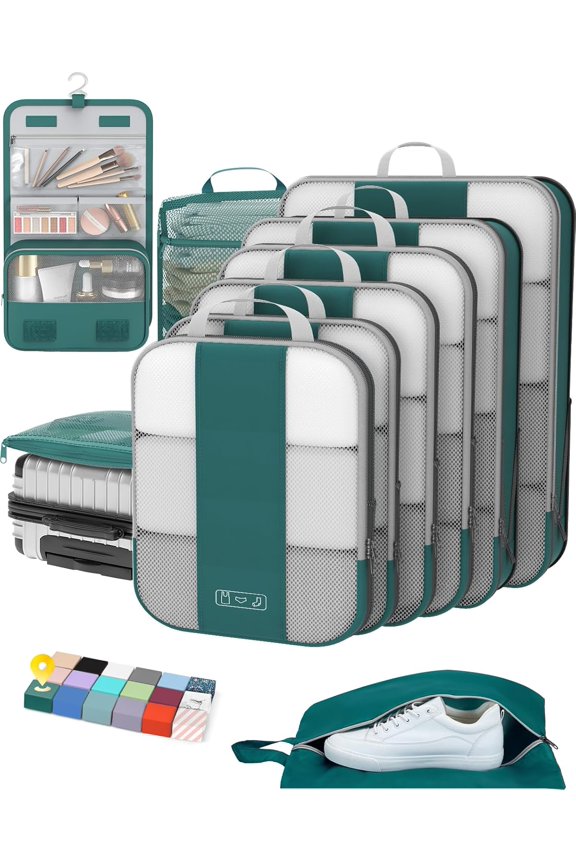 10 Set Compression Packing Cubes for Travel Essentials,Compressible Expandable Packing Cubes for Suitcase,Luggage Organizer Bags,Handy Helper for Organizing Clothes(Dark Blue Green)