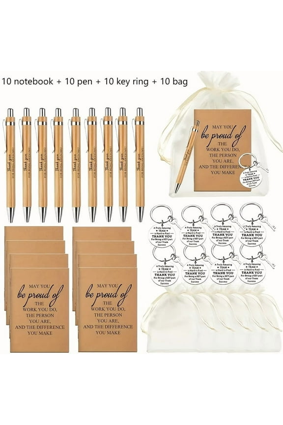 10 Set Employee Appreciation Gift, 40 Pcs Inspirational Gifts for Employees, Motivational Keychains, Journals, Bamboo Pens & Organza Bags, Perfect for Retirement, Farewell, and Team Recognition