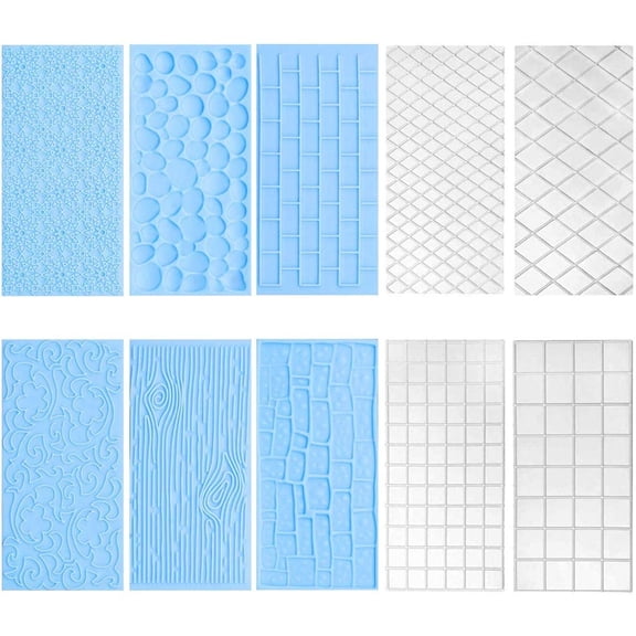 10 Set Fondant Impression Mat Mold Lace Embossing Mat Tree Bark/Brick Wall/Flower/Stone Wall Fondant Impression Mats Texture Design for Cupcake Border Decoration