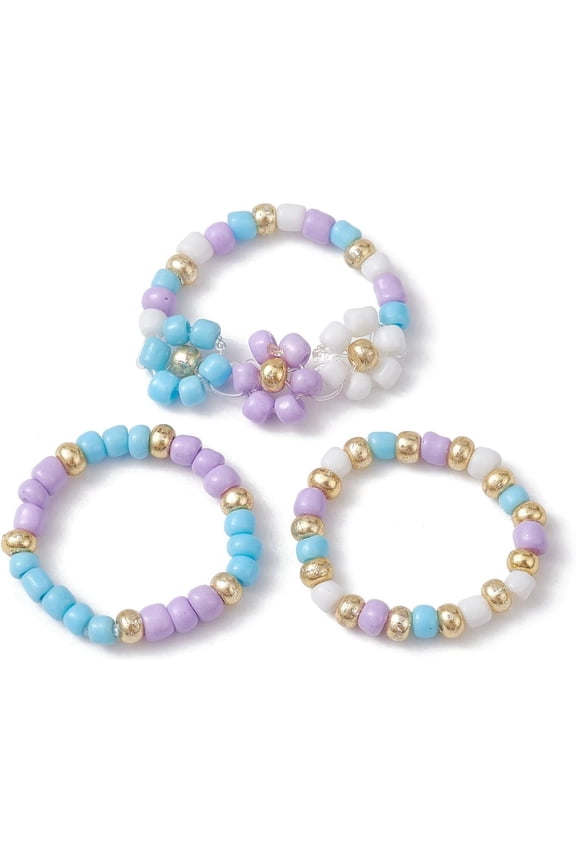 10 Set Glass Seed Beaded Stretch Rings Set Flower Stackable Rings Personalized Rings for Women Dainty Trendy Jewelry Lilac Size 7 1/4(17.5mm) 3pcs/set diy