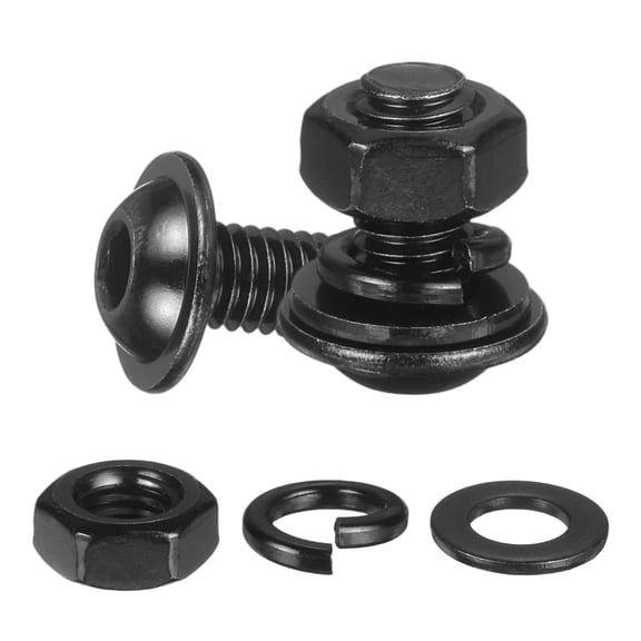 10 Set M6 x 10mm Flanged Button Head Socket Cap Screws, Black 304 Stainless Steel 18-8 Hex Socket Head Screws Bolts, Nuts, Flat & Lock Washers for DIY, Furniture, Automotive