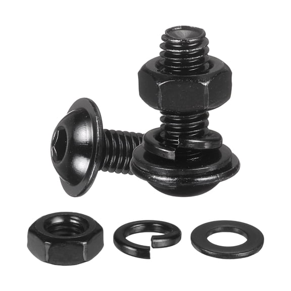 10 Set M6 x 16mm Flanged Button Head Socket Cap Screws, Black 304 Stainless Steel 18-8 Hex Socket Head Screws Bolts, Nuts, Flat & Lock Washers for DIY, Furniture, Automotive