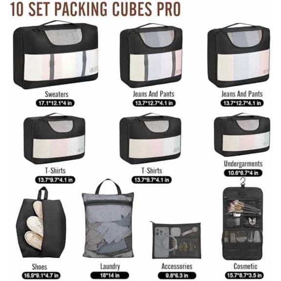 10 Set Packing Cubes for Travel Essentials, Suitcase Organizer Bags in 4 Sizes, Carry-On Luggage Accessories with Laundry & Toiletry Bag, Airplane Must-Have, Road Trip & Camping, Gifts for Men