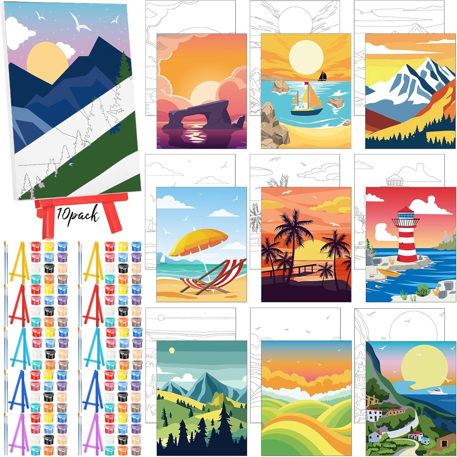 10 Set Pre Printed Canvas Pre Drawn Canvas Painting with Easel Kits 5" x 7" Outline Painting Panels for Beginners, DIY Craft Project, Home Decors(Summer)