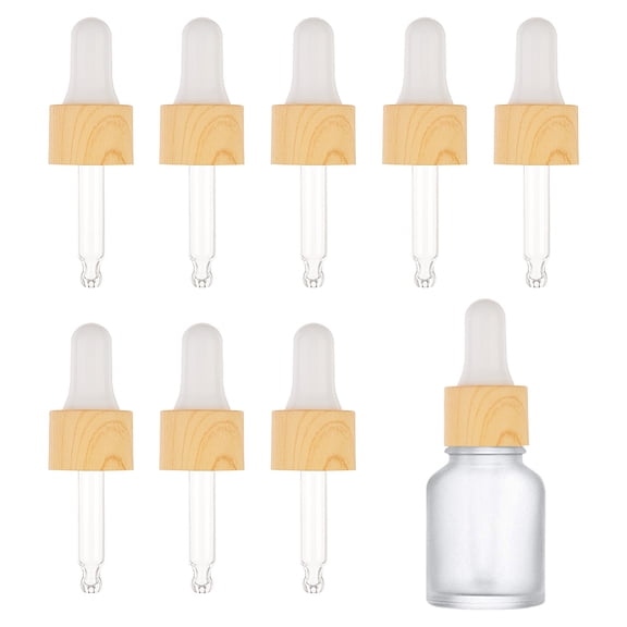 10 Set Straight Glass Eye Droppers with Rubber Extrusion Head and Wood Grain Pattern Plastic Dust Cap for Refillable Dropper Bottles Yellow for DIY