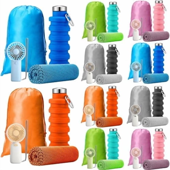 10 Set Theme Park Necessities Cruise Ship Accessory Kit Collapsible Water Bottle Cooling Towel Fan Drawstring Bag for Summer Amusement Park Outdoor Team Travel Cruise Gifts Fitness Sport Favor