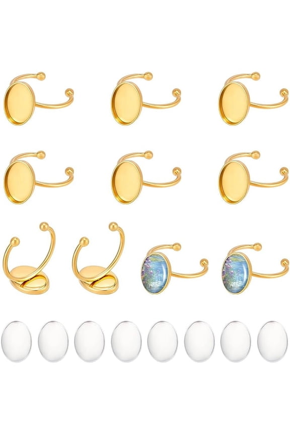 10 Sets 18K Gold Plated Ring Blanks Adjustable Open Cuff Rings Stainless Steel Ring Bezel Blanks Oval Cabochon Tray Flat Pad Ring Components for Ring Jewelry Making