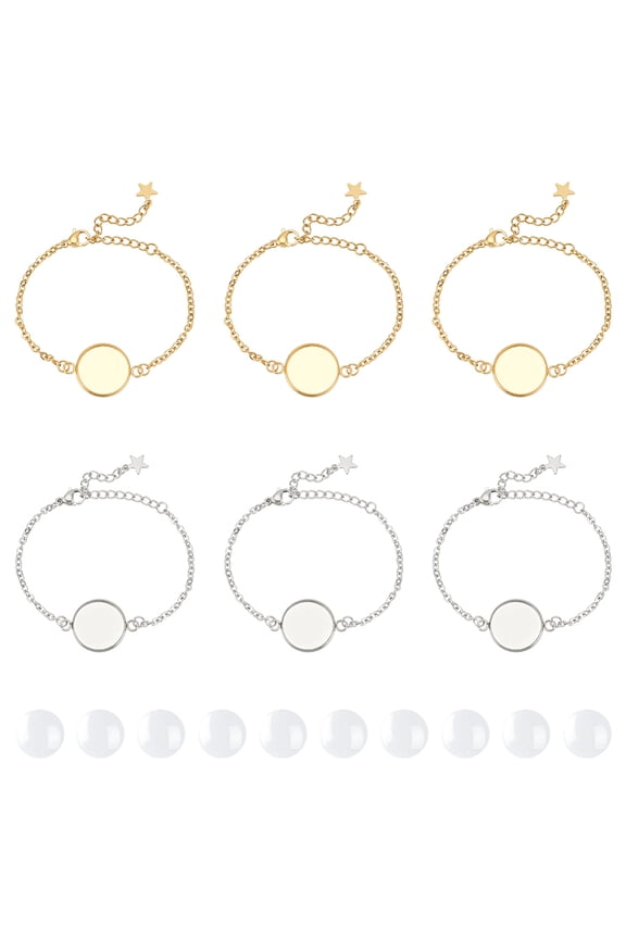 10 Sets 2 Colors Bracelet Bezel Settings Stainless Steel Bezel Bracelets Blank Tray Bangles 16mm Flat Round Glass Cabochons Bracelet Blanks