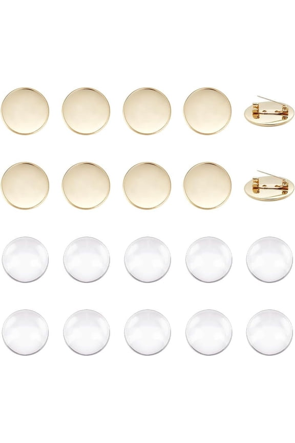 10 Sets 25mm Flat Round Brooch Pin with Glass Cabochons Stainless Steel Brooch Bezel Trays Golden DIY Brooch Making Kits for Badge Corsage Name Tags DIY Jewelry Making