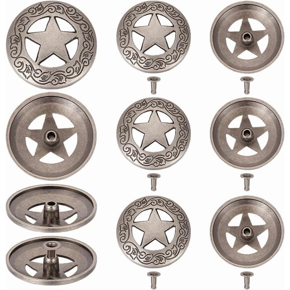 10 Sets 28.5mm Engraved Star Concho Hollow Out Decorative Buttons Silver Raised Star Engraved Concho Screw Back Button Buttons with Screws